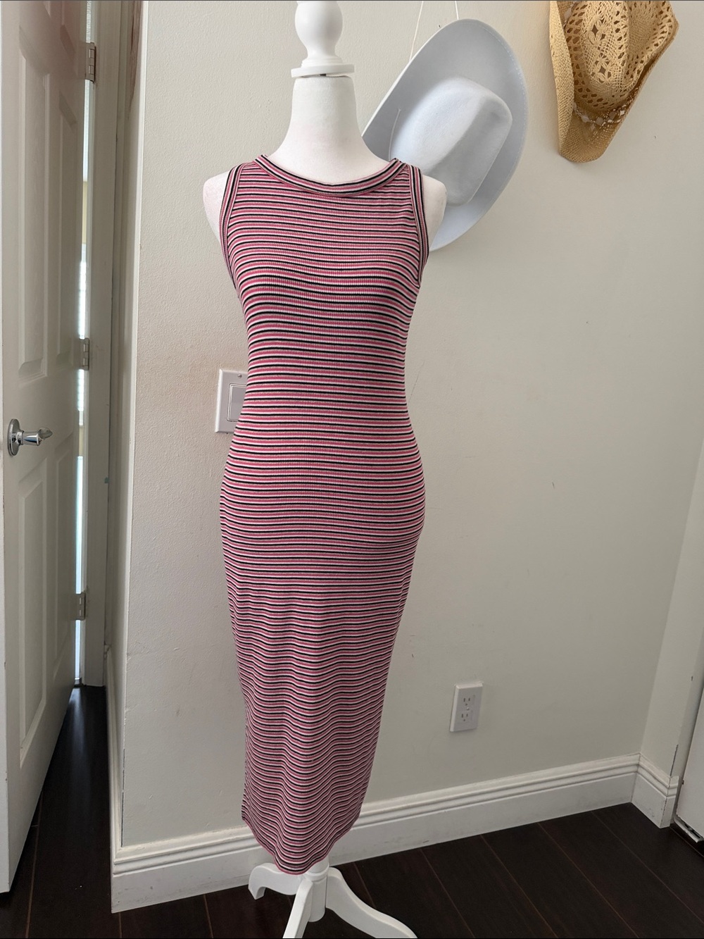 Sleeveless Pink & Black Striped Midi Dress M but fits like a small